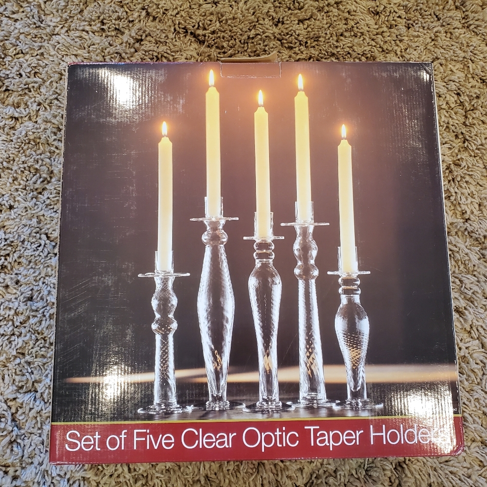 Clear Glass Optic Taper Candle Holder Set of 5 NEW